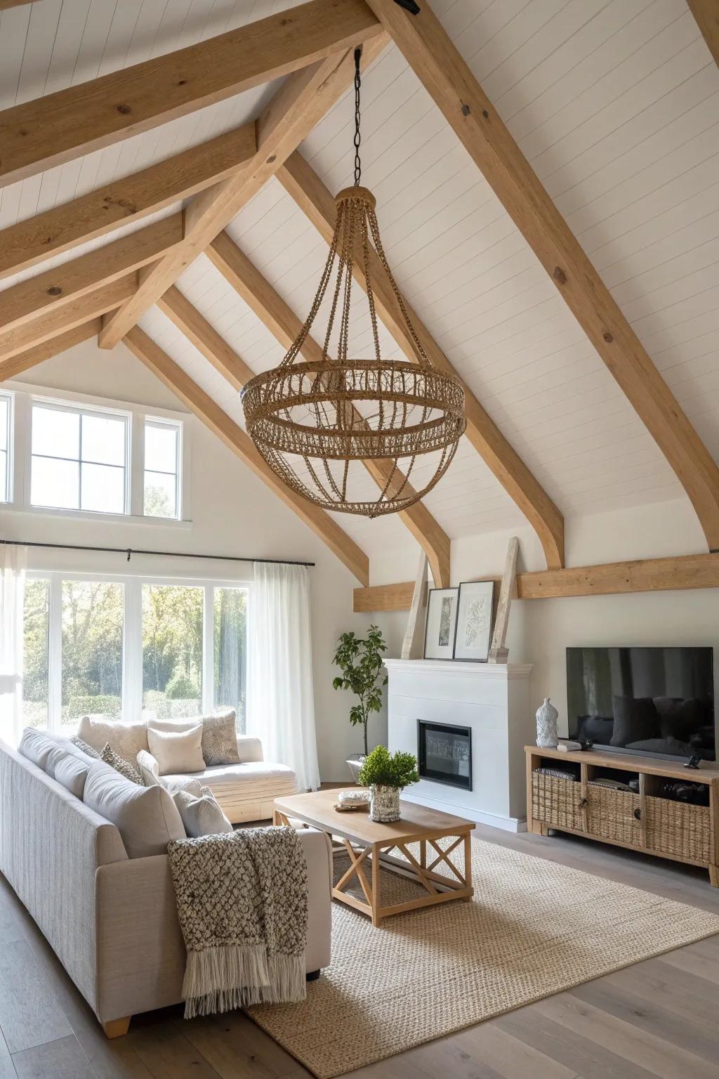 A statement chandelier centered between trusses makes an open ceiling feel perfectly planned.