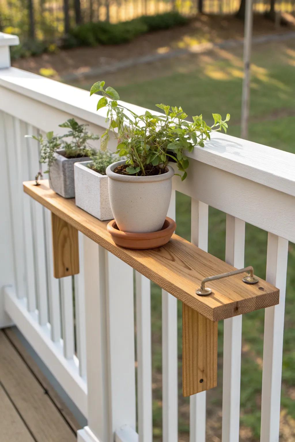 Hook-on deck railing shelf in warm oak—minimal, secure, and perfect for one potted plant.
