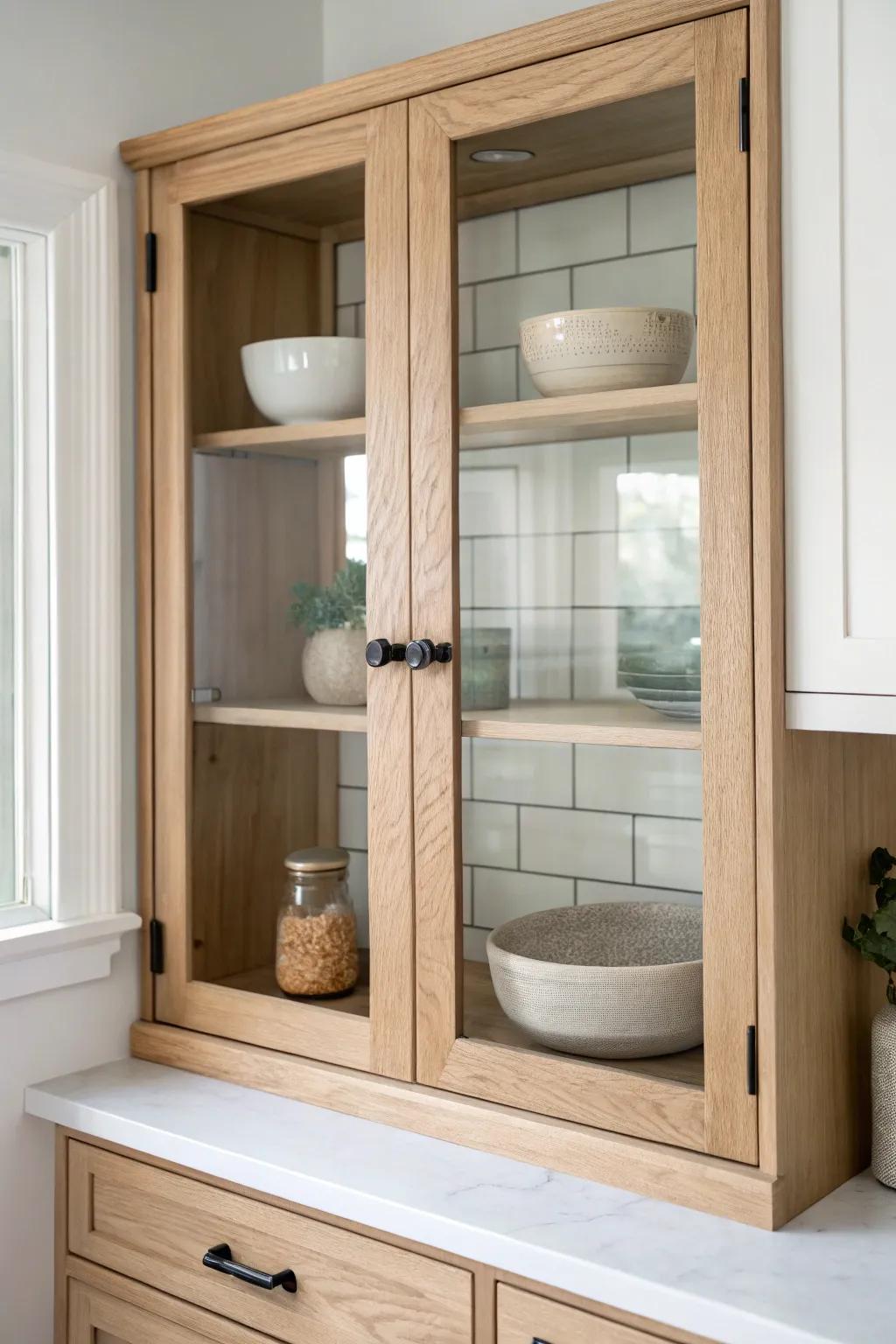 A glass-front cabinet above the microwave adds lightness and airy storage in small kitchens.