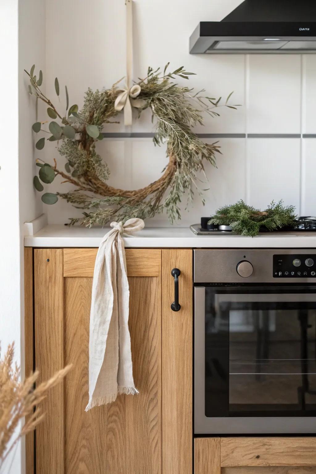 A simple seasonal greenery wreath softens the stove wall and elevates the cabinet instantly.