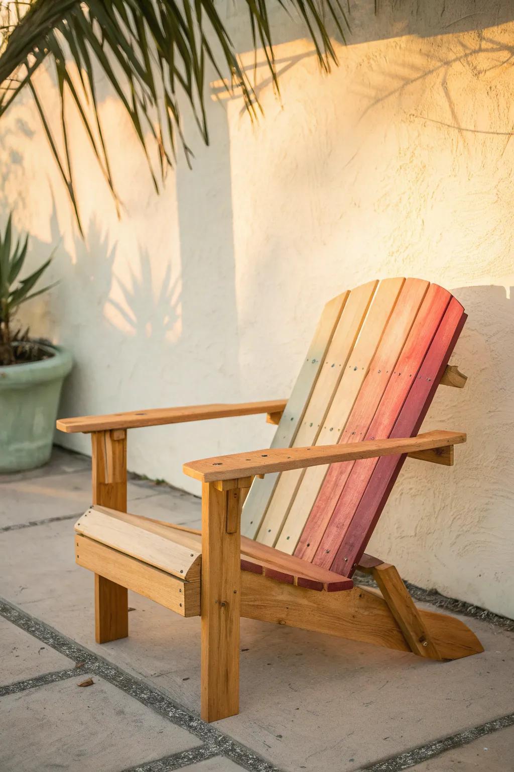 Sunset-ombre backrest turns a simple Adirondack chair into a photo-worthy patio centerpiece.