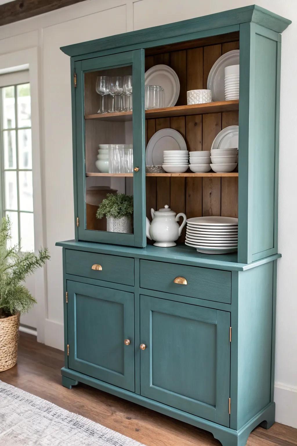 Colored outside, crisp white inside—this painted buffet & hutch makes styling effortless.