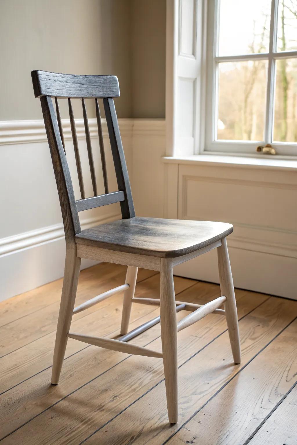 Dark-to-light ombre legs make a chunky chair feel airy, modern, and handcrafted.