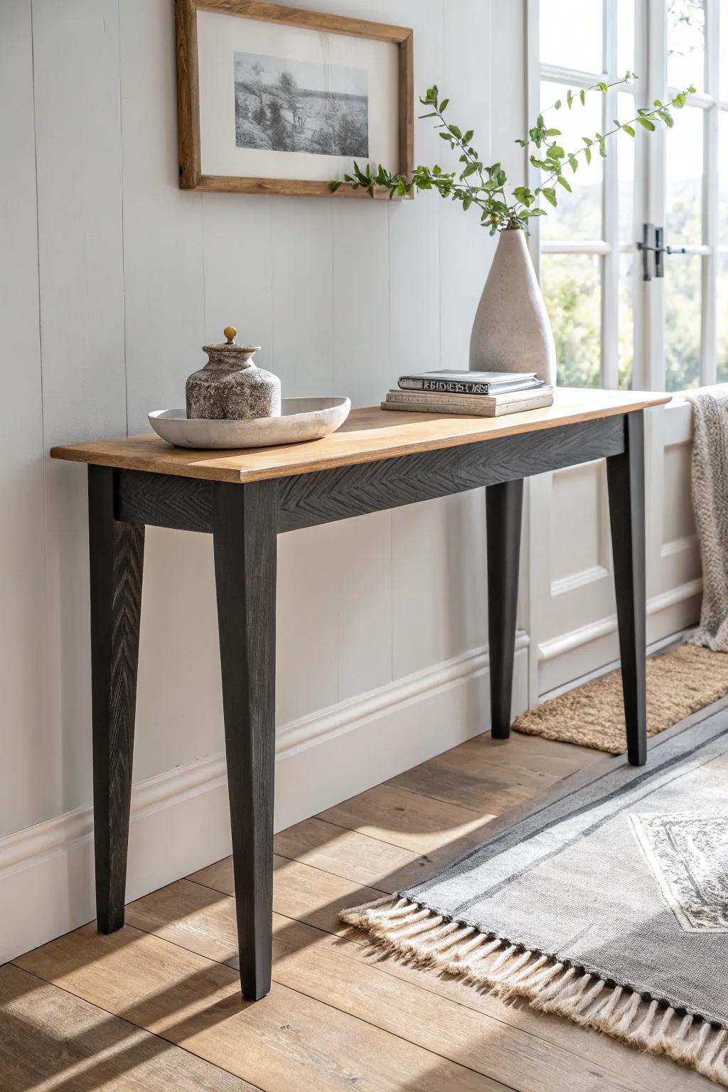 Two-tone console table: charcoal base + light wood top for bold contrast and cozy calm.