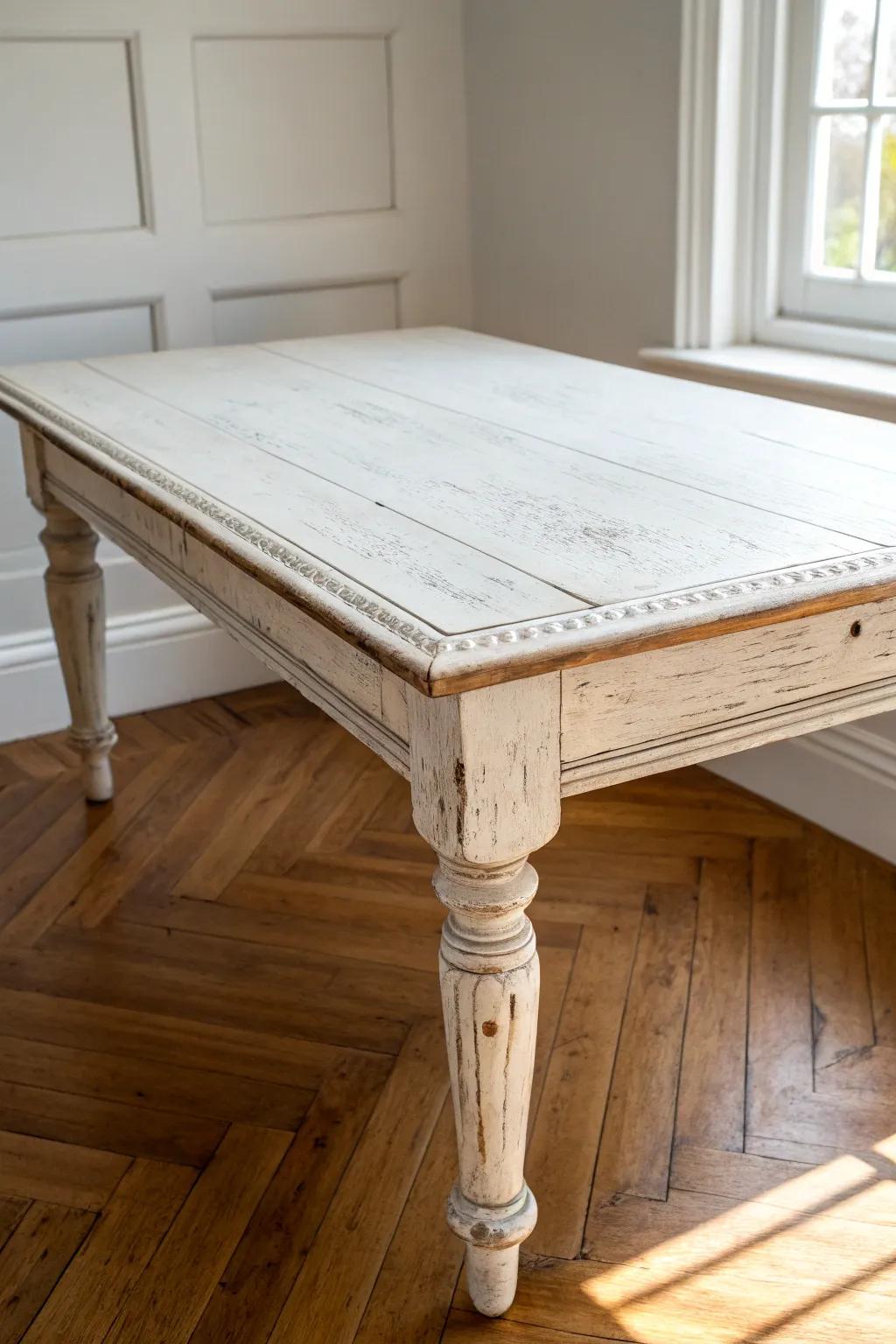 Distressed white dining table—soft shabby chic texture with just enough edge wear to feel real.