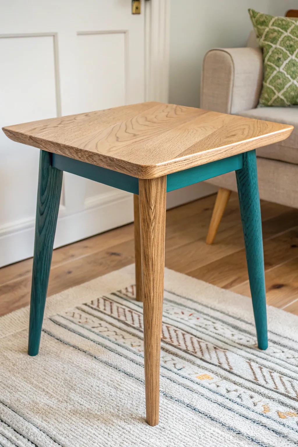 Natural wood top + bold teal base: a playful color-pop end table that still feels calm and minimal.