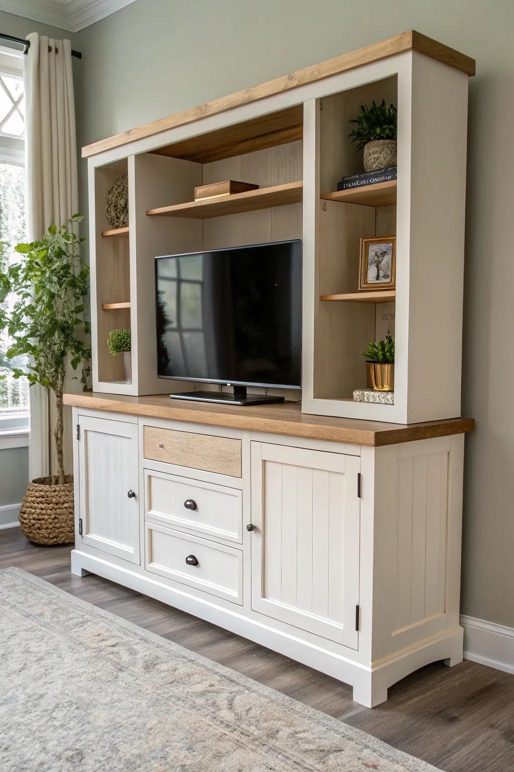 Painted frame + natural wood top: the easiest way to modernize while keeping warm grain.