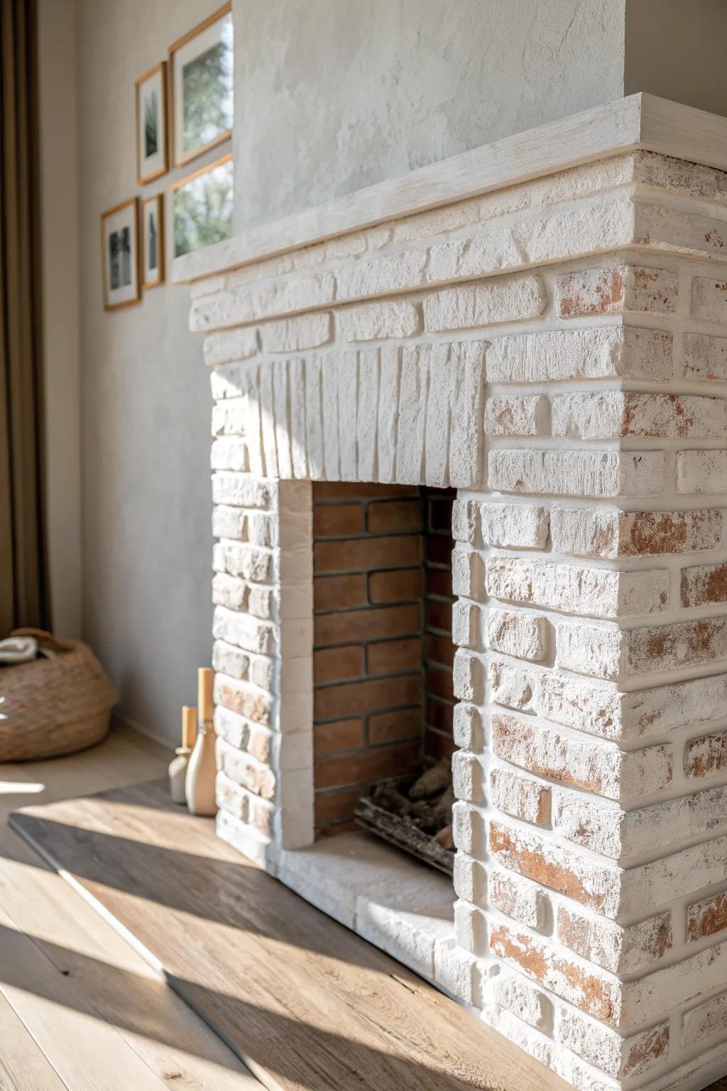 Whitewashed fireplace surround: soft brush texture with brick peeking through for cozy character.