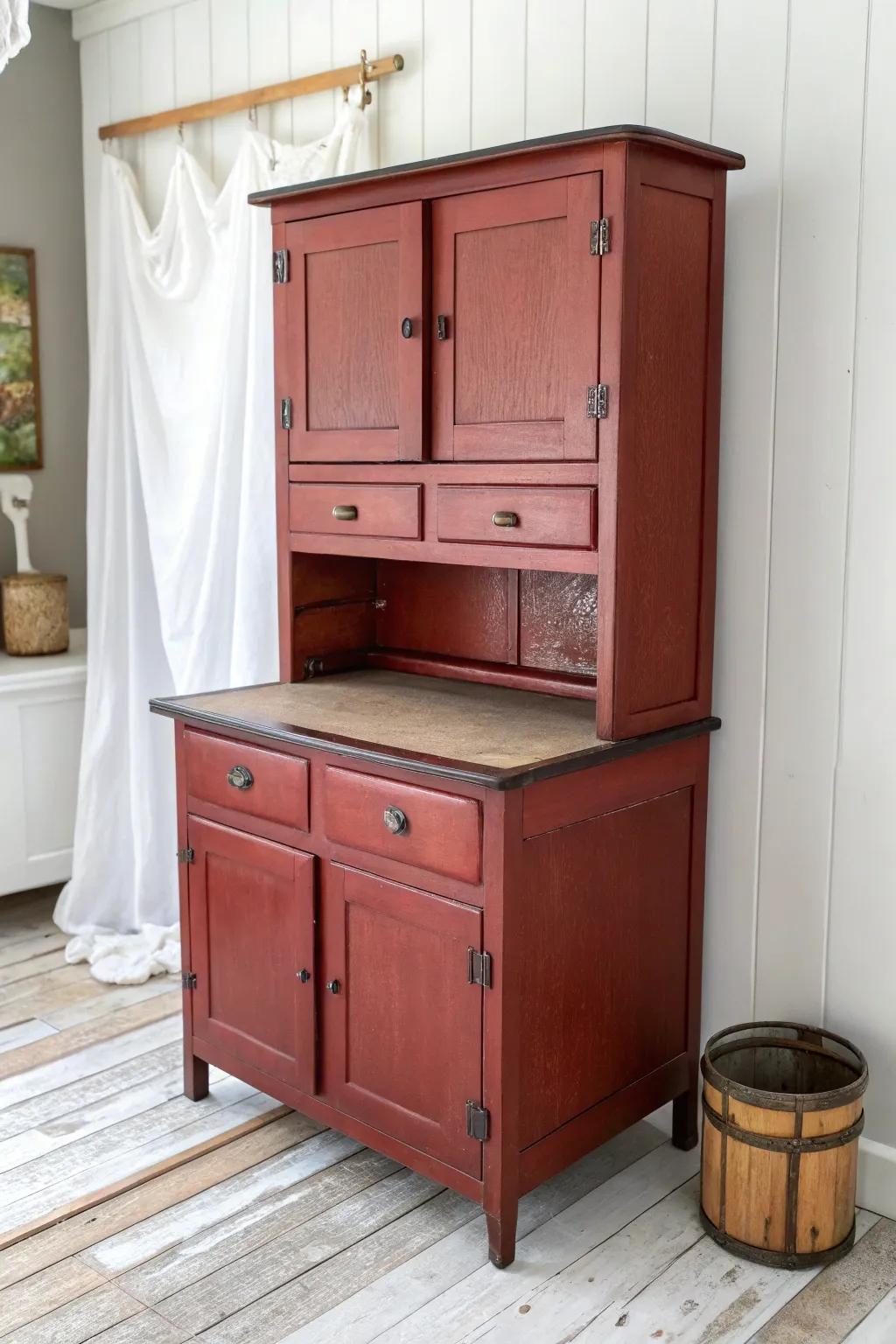 Brick-red Hoosier cabinet with dark hardware—cozy retro charm in a clean Scandinavian setting.