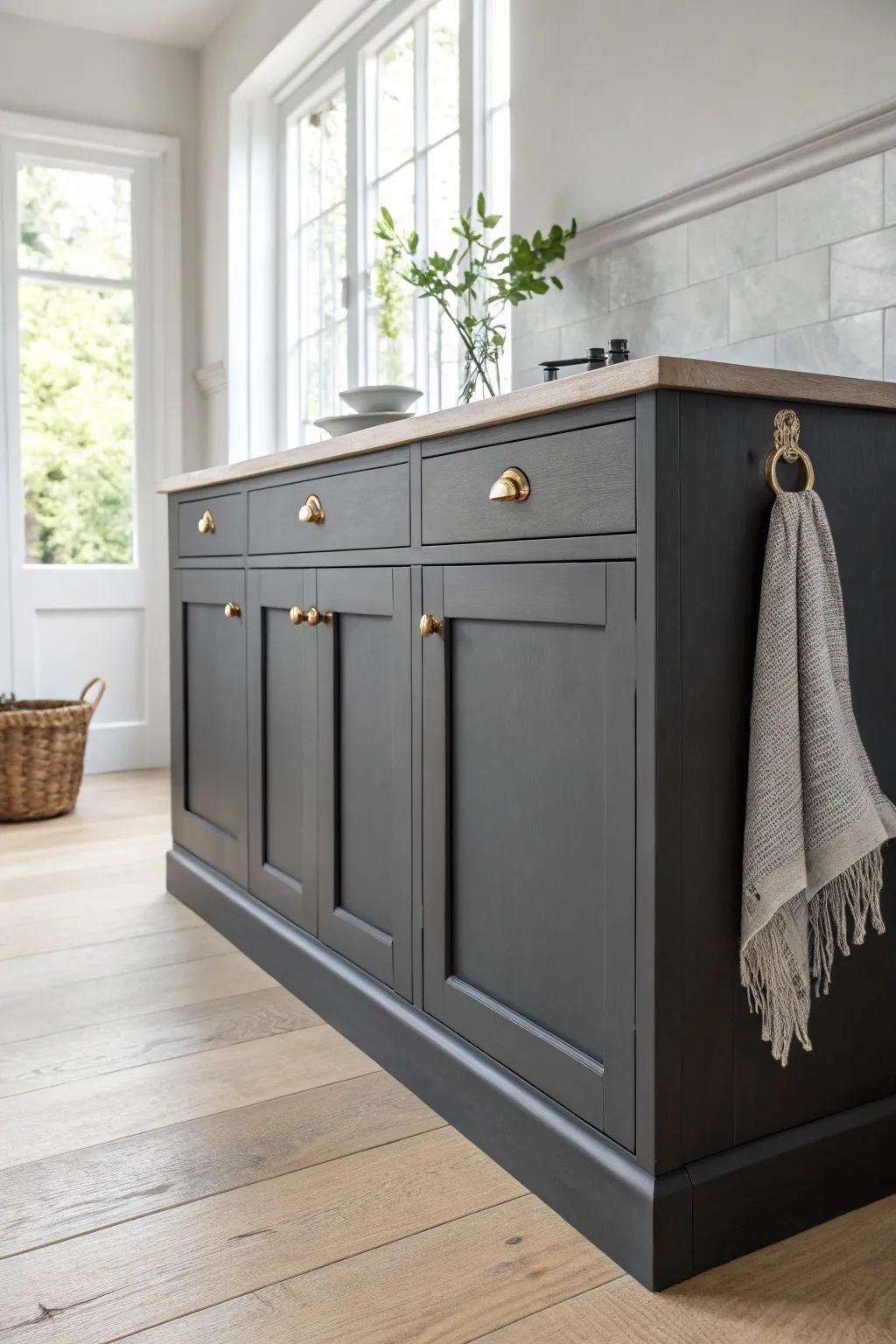 Charcoal shaker cabinets: bold depth, softer than black—perfect modern farmhouse contrast.