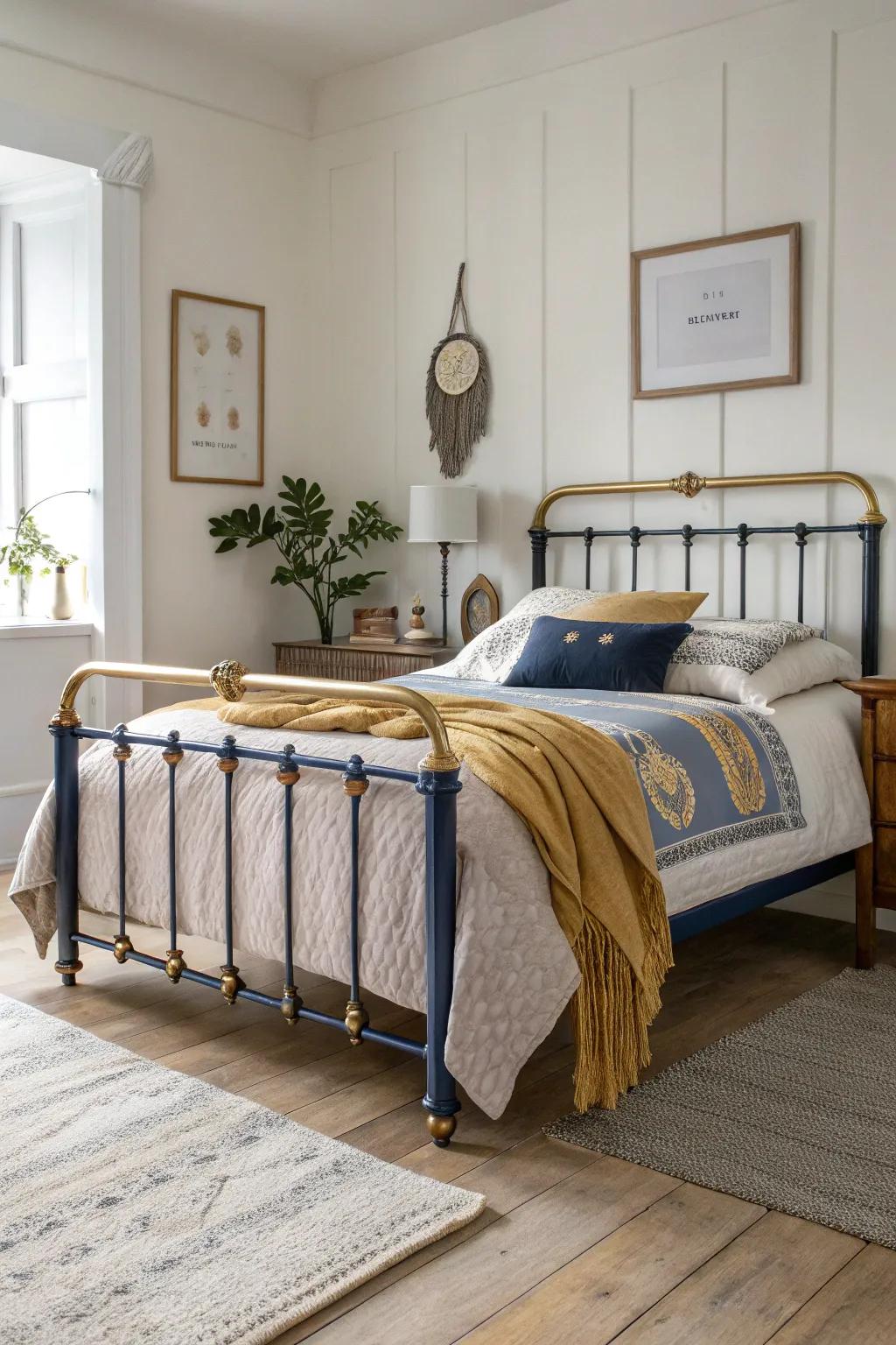 Elevate your bedroom with a two-tone painted metal bed frame for a touch of chic sophistication. #ScandiBoho #BedroomInspo
