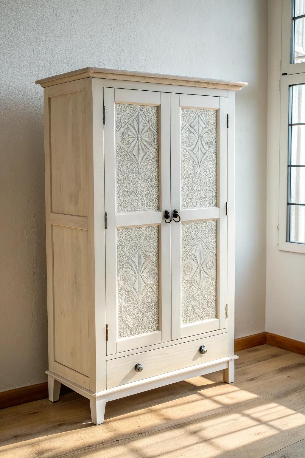 White-painted tin panels add crisp texture, turning a pie safe into a fresh sculptural classic.