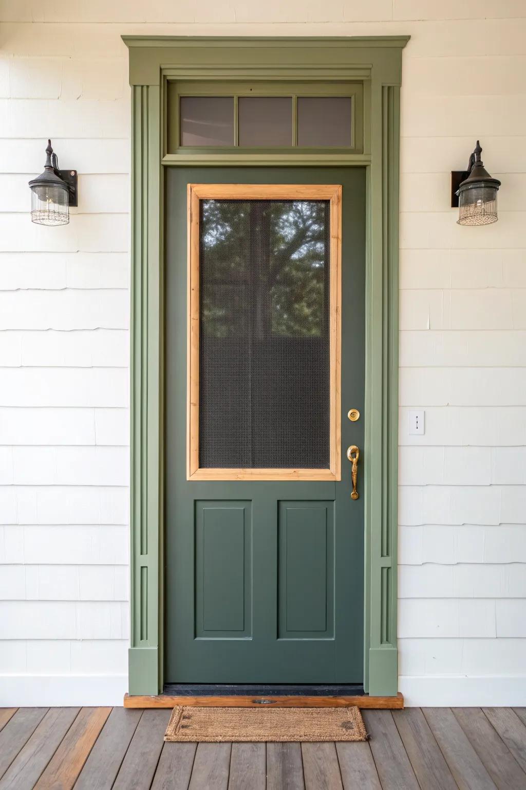 Two-tone sage and ivory screen door adds instant architecture with minimalist, boho charm.