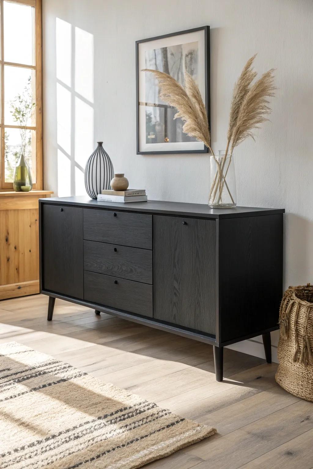Matte black waterfall sideboard: clean lines, low sheen, and a modern grounding statement.