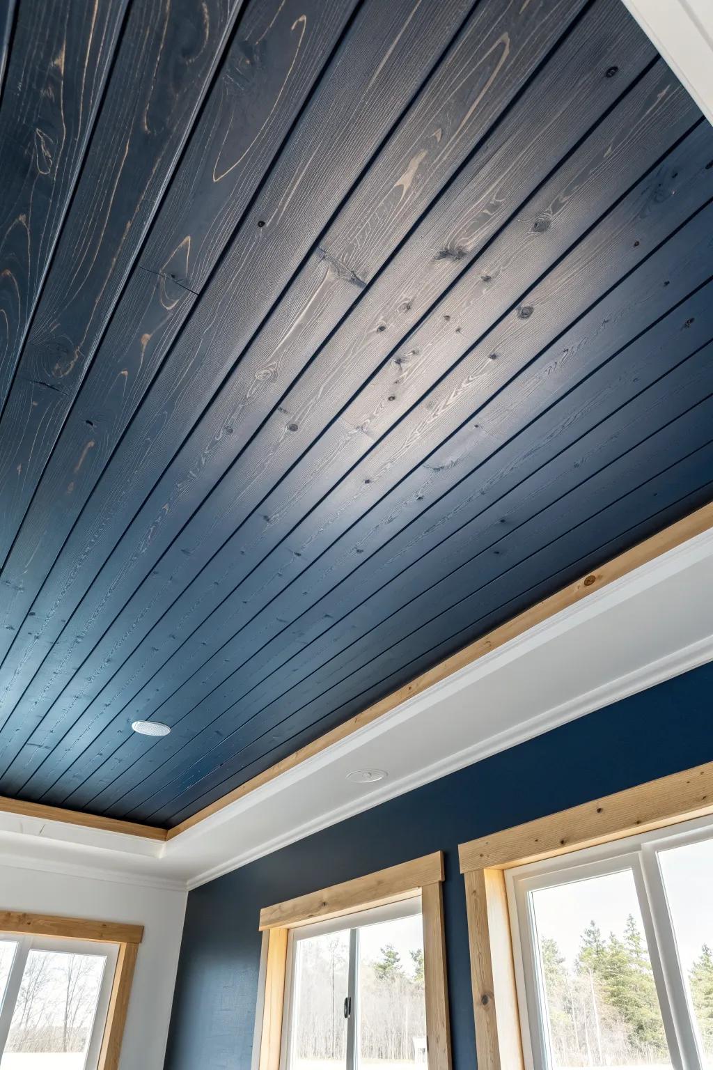 Deep navy shiplap overhead—moody color with classic grooves and beautiful wood-crafted depth.