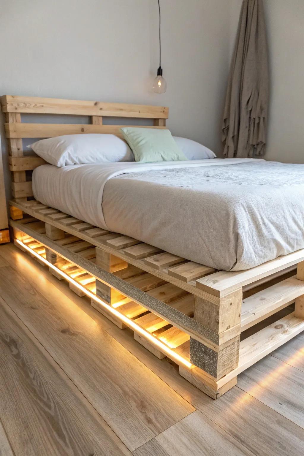 Warm hidden LED underglow makes a simple pallet bed frame look like it’s floating.
