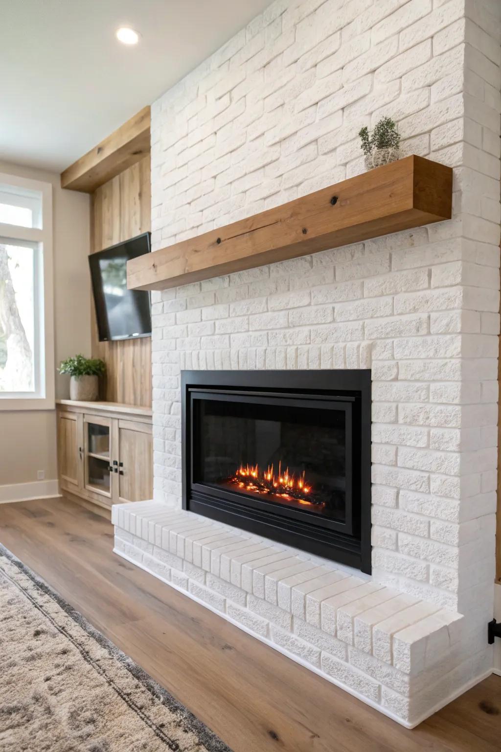 A faux brick panel and slim oak mantel create an instant cozy basement focal point.