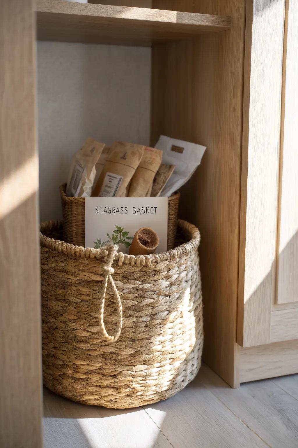 Woven basket cubby storage keeps snack clutter hidden, sorted, and easy to grab.