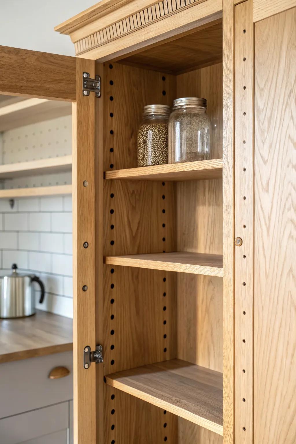 Adjustable shelves keep pantry spacing flexible—set it today, adjust when your groceries change.
