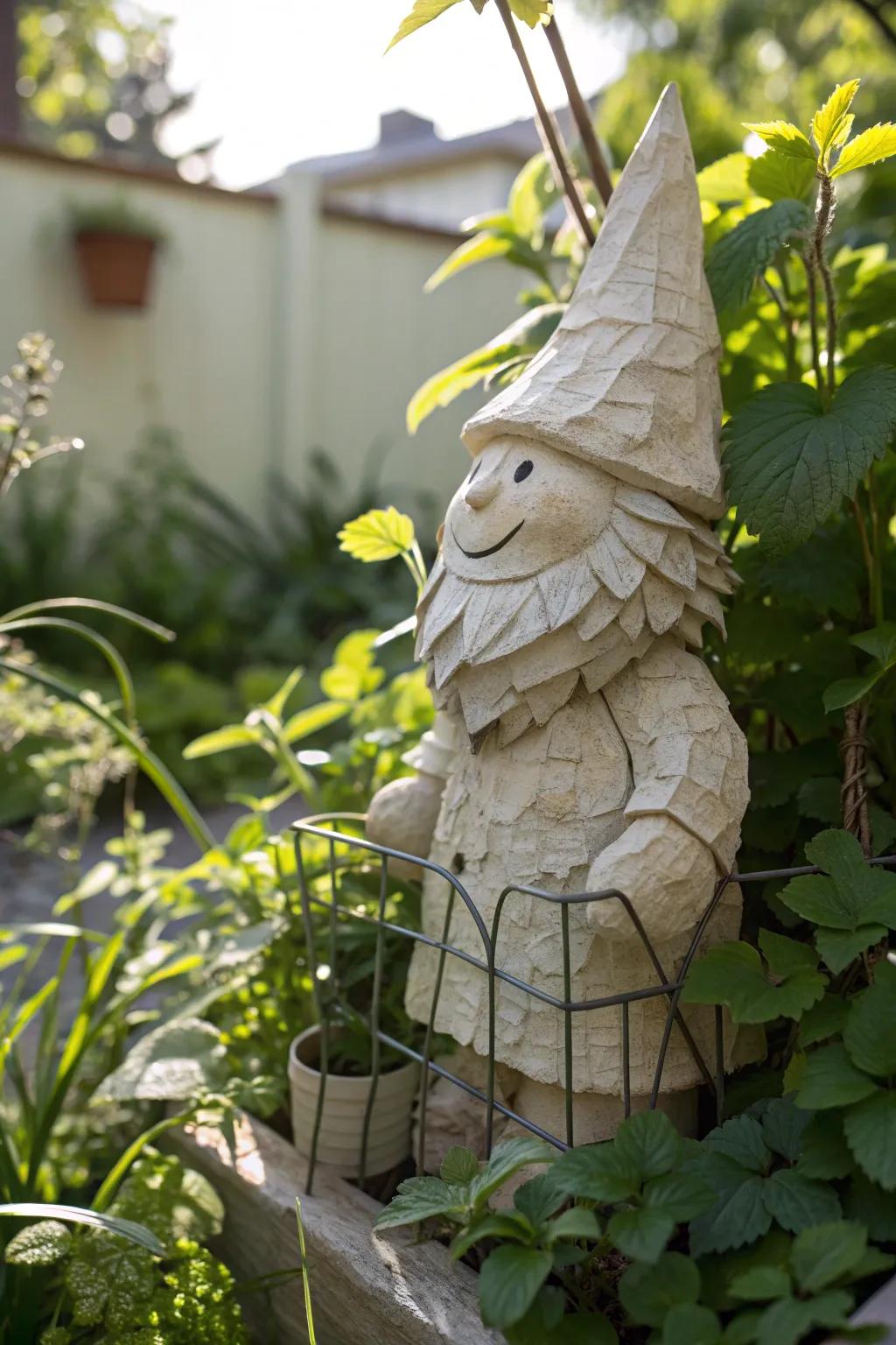 Bring charm to your garden with this whimsical paper mache gnome, crafted without balloons for a touch of natural elegance.