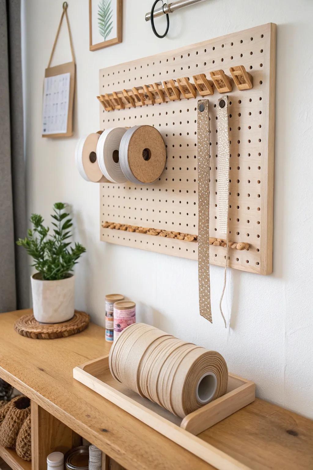 A tidy pegboard ribbon dispenser that makes wrapping feel calm—pull, cut, and store beautifully.