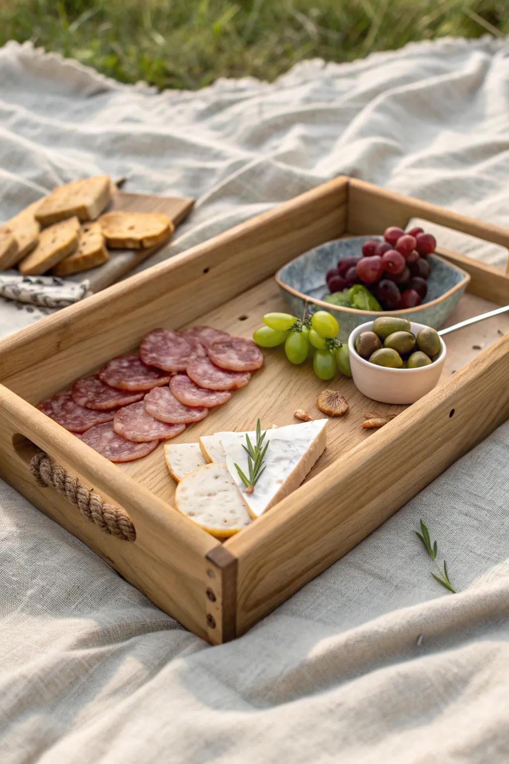 Upcycled wooden drawer tray: rustic picnic charcuterie with tall sides for easy serving.
