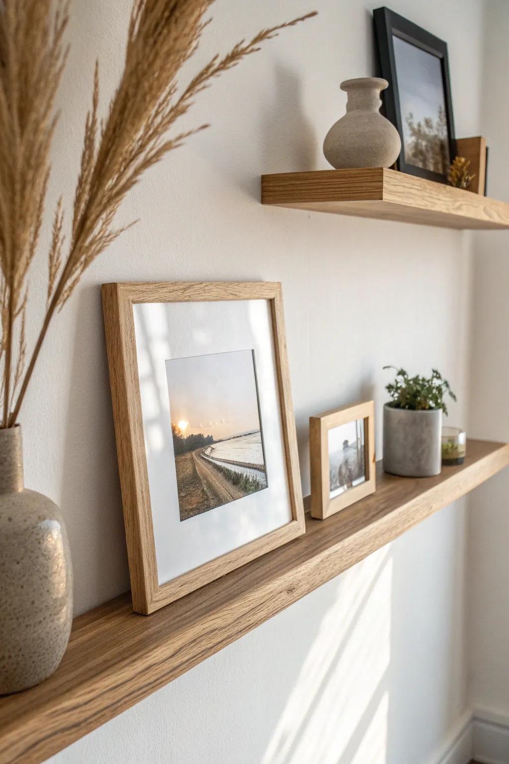 A sleek oak picture ledge lets you layer frames and swap seasonal prints without extra nail holes.