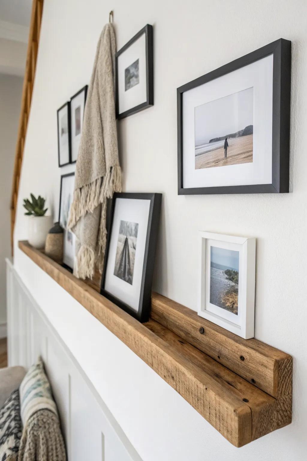 Layer frames on a reclaimed-wood picture ledge for a no-nails, easy-to-refresh gallery.