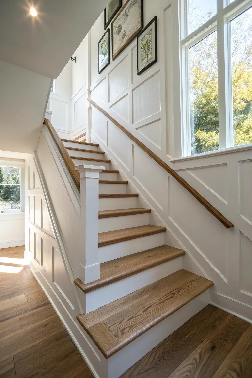 Stepped picture-frame wainscoting turns a sloped stair wall into a crafted feature.
