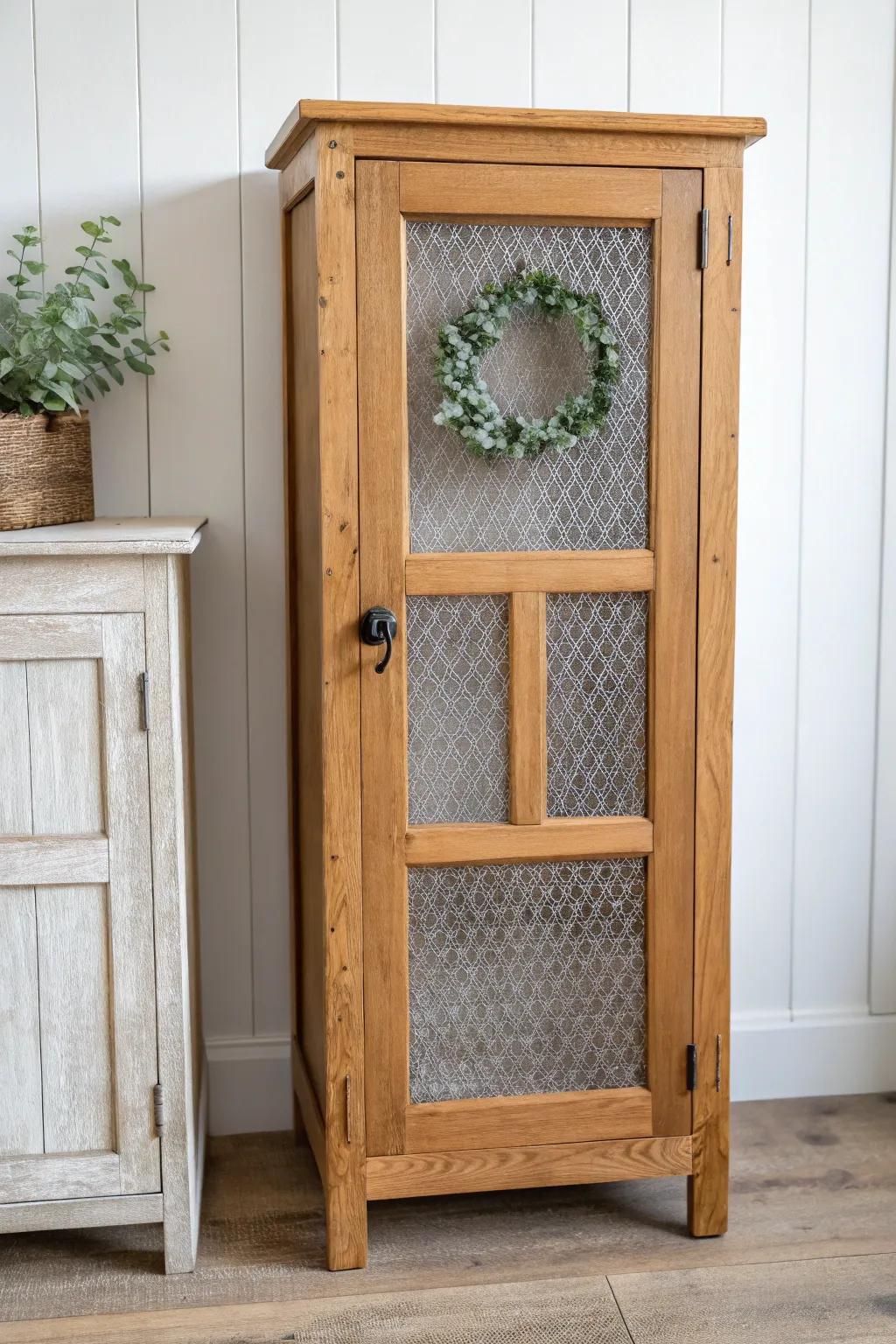 Lighten pie safe doors with a simple eucalyptus wreath—seasonal style in minutes.