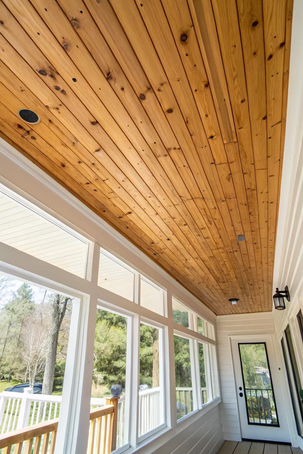Sealed pine ceiling planks in a sunroom—honey grain, crisp contrast, cabin-meets-minimal.
