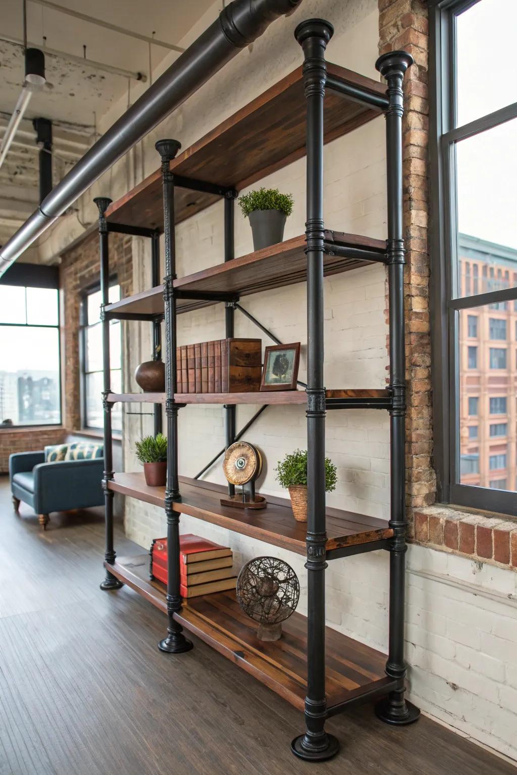 Elevate your space with an industrial pipe shelf - the perfect blend of form and function.