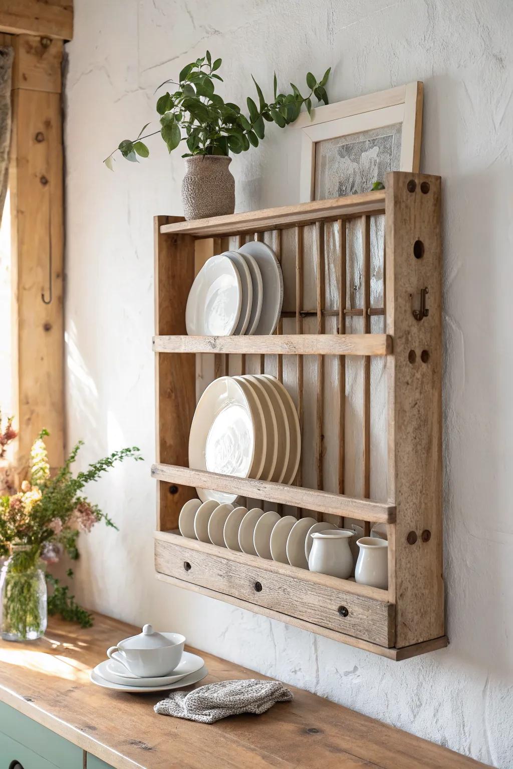 Reclaimed wood plate rack with patina—rustic grain meets crisp white plates in calm Scandi style.