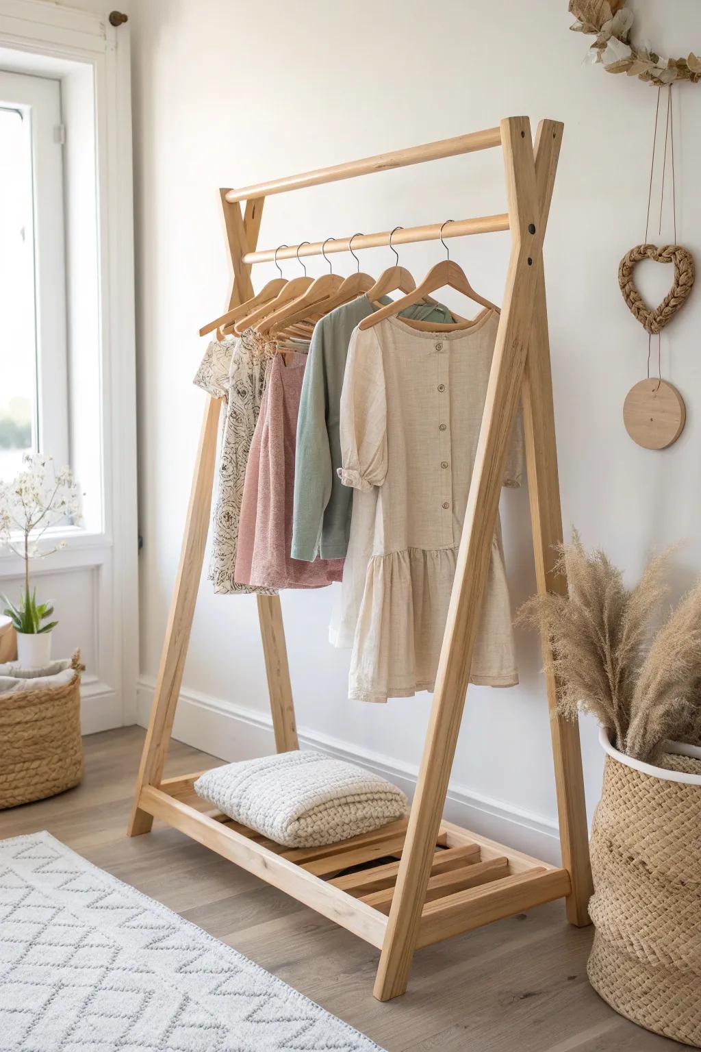 A low oak dress-up rack keeps costumes tidy—minimal, boho-soft, and beautifully handcrafted.