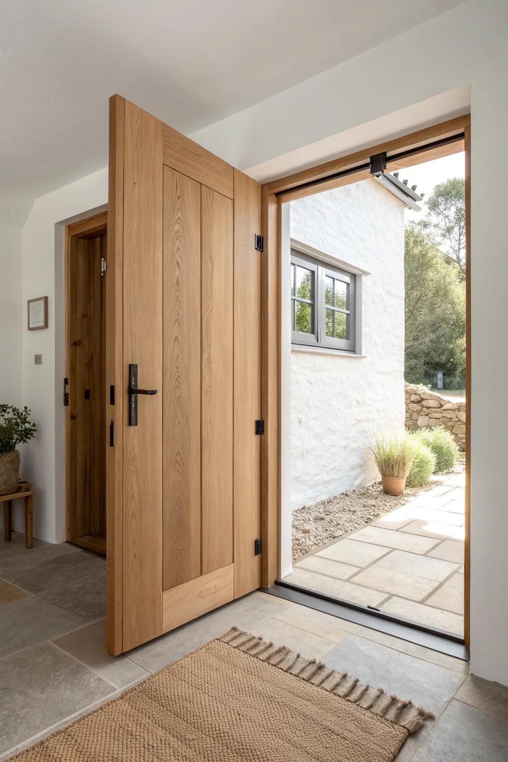 A light oak pivot door saves space in tight clearances—sleek, smooth, and beautifully minimal.