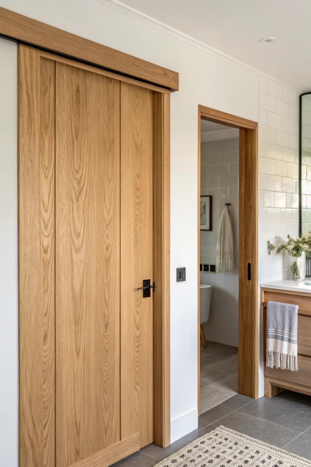 A smooth oak pocket door keeps the ensuite seamless—space-saving, warm, and beautifully minimal.