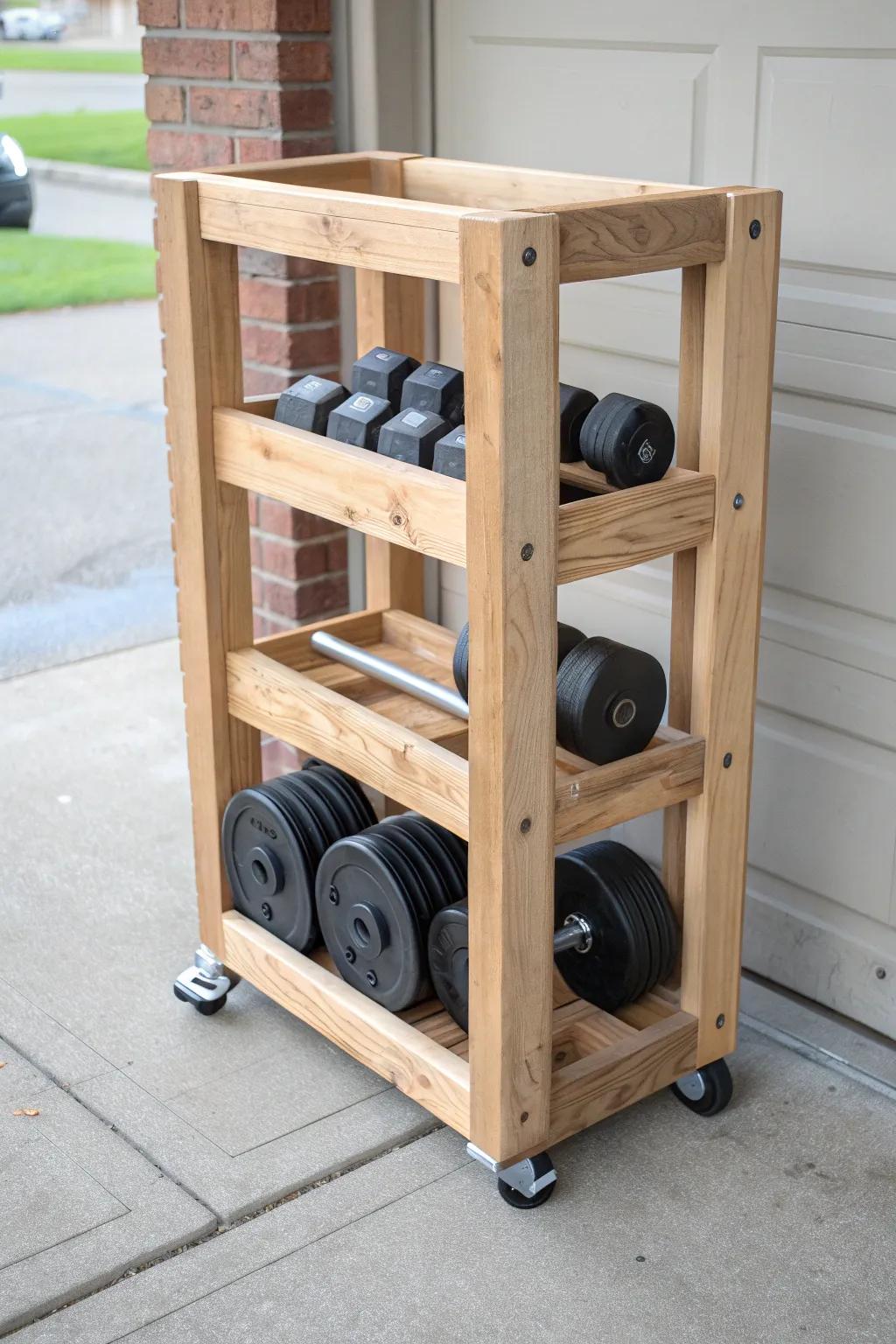 Rolling reclaimed-wood rack that keeps plates mobile—clean, sturdy, and barn-gym beautiful.