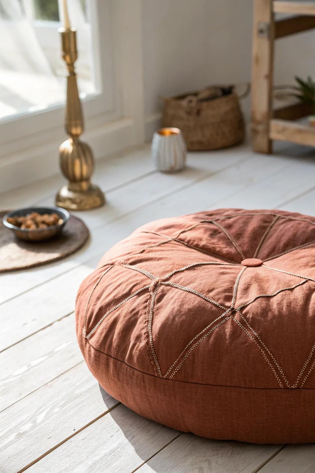 A warm floor cushion brings cozy, low seating calm to your minimalist pooja corner.