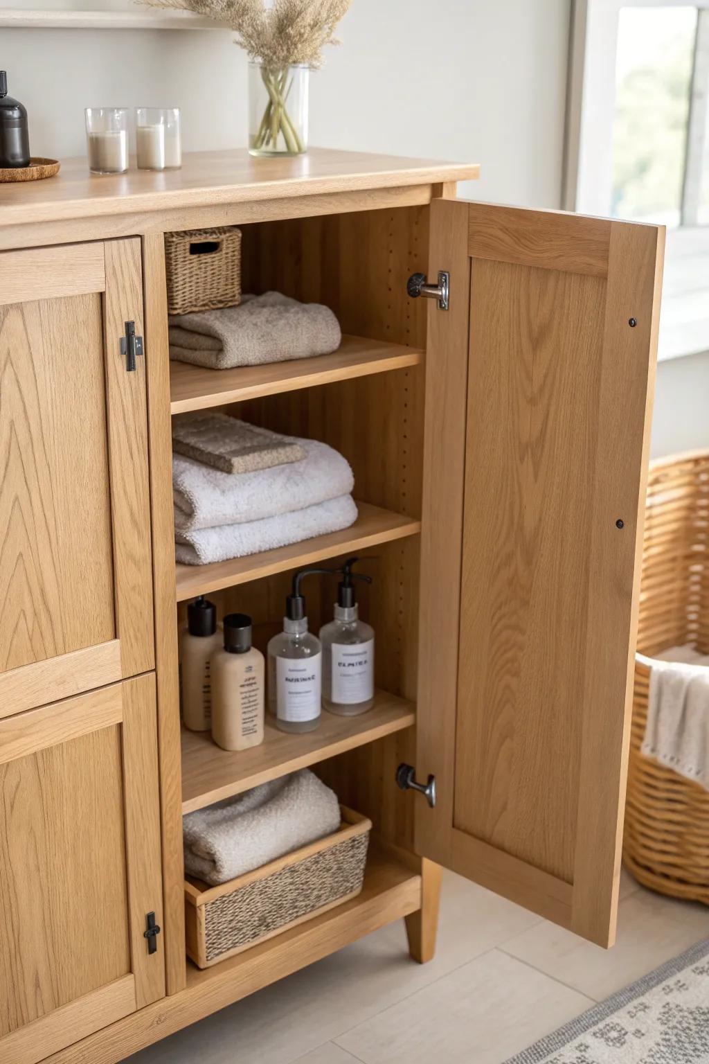 Use the vanity door: shallow shelves and bins keep tiny essentials tidy and within reach.