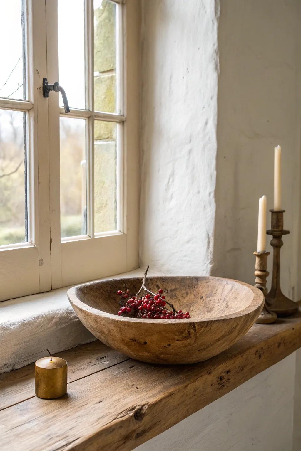 Primitive charm: a cracked dough bowl turned wall ledge, styled with dried berries and brass.