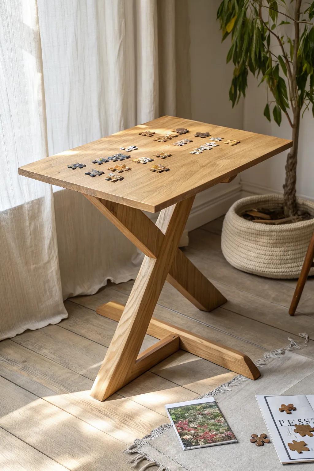 A tilt-top puzzle table in light oak—neck-friendly angle stops for long, cozy sessions.