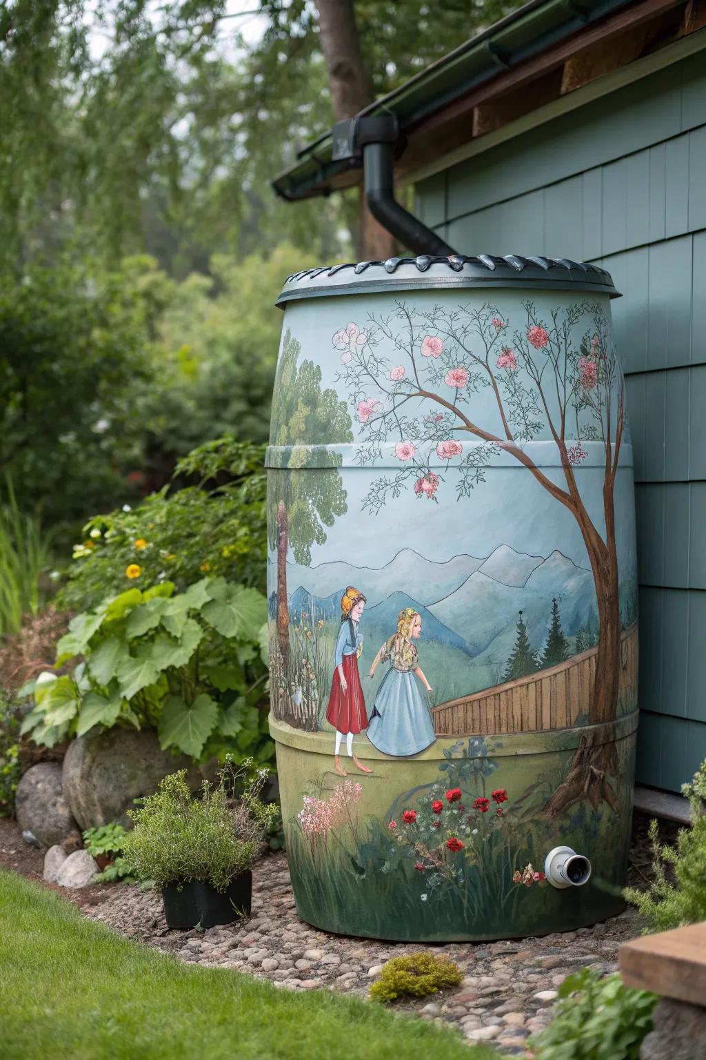 Transform your garden with a storybook scene on your rain barrel, turning utility into enchanting art.