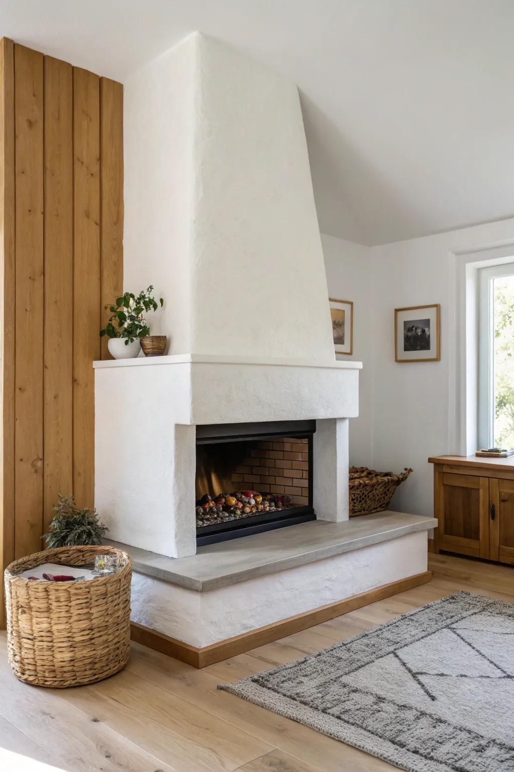 A raised corner fireplace with no hearth—clean angles, warm oak, and a high-end finish.