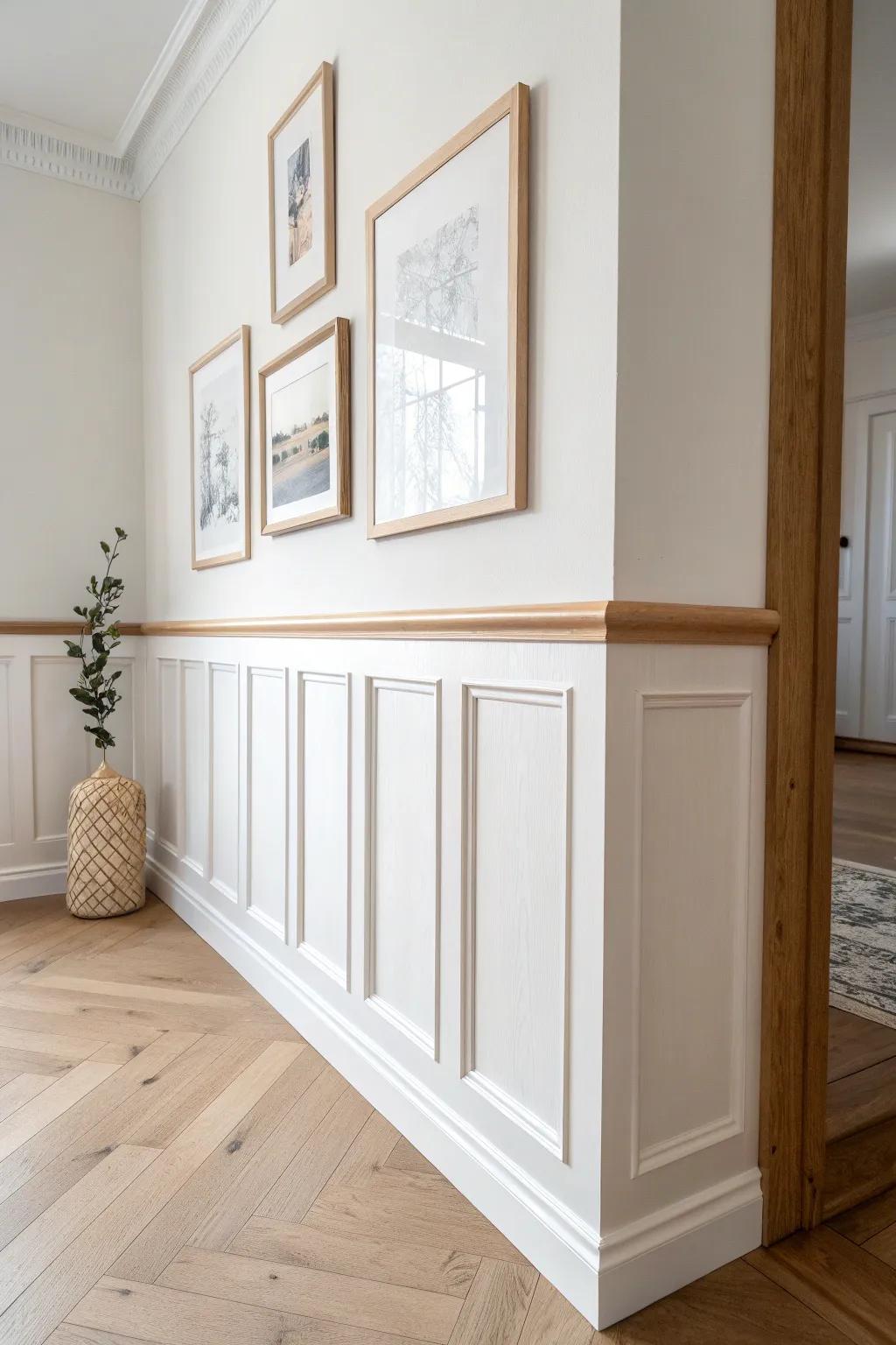 Raised panels topped with a slim picture ledge—perfect for leaning art without extra holes.