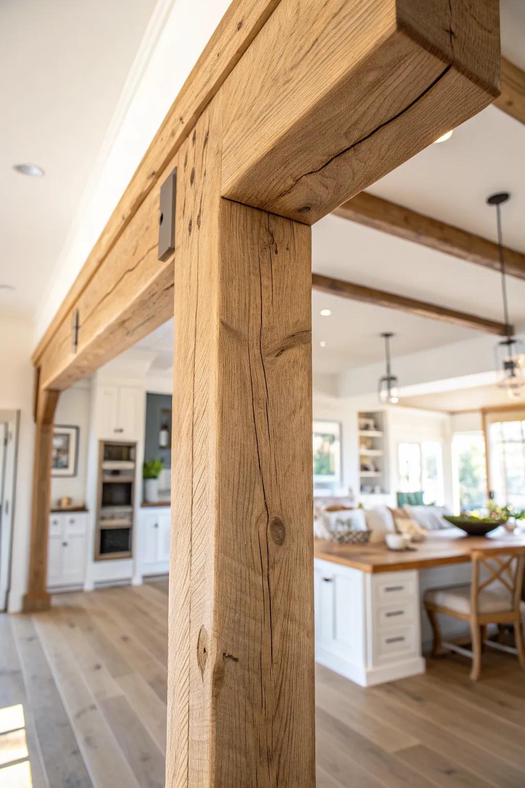 A clean oak beam wrap creates the open-concept moment between kitchen and living room.