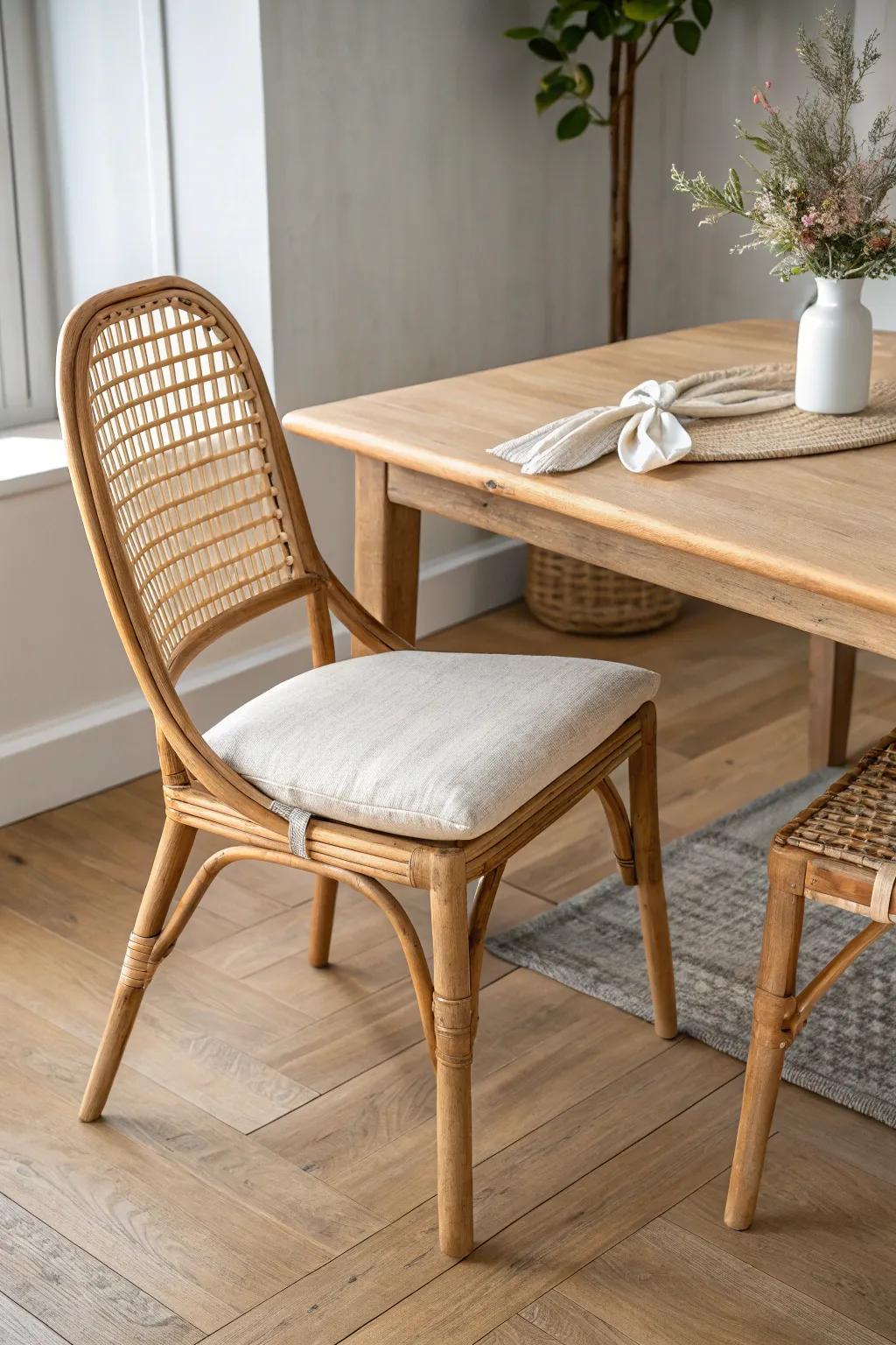 Rattan dining chair + linen cushion: effortless warmth and comfort beside a solid oak table.