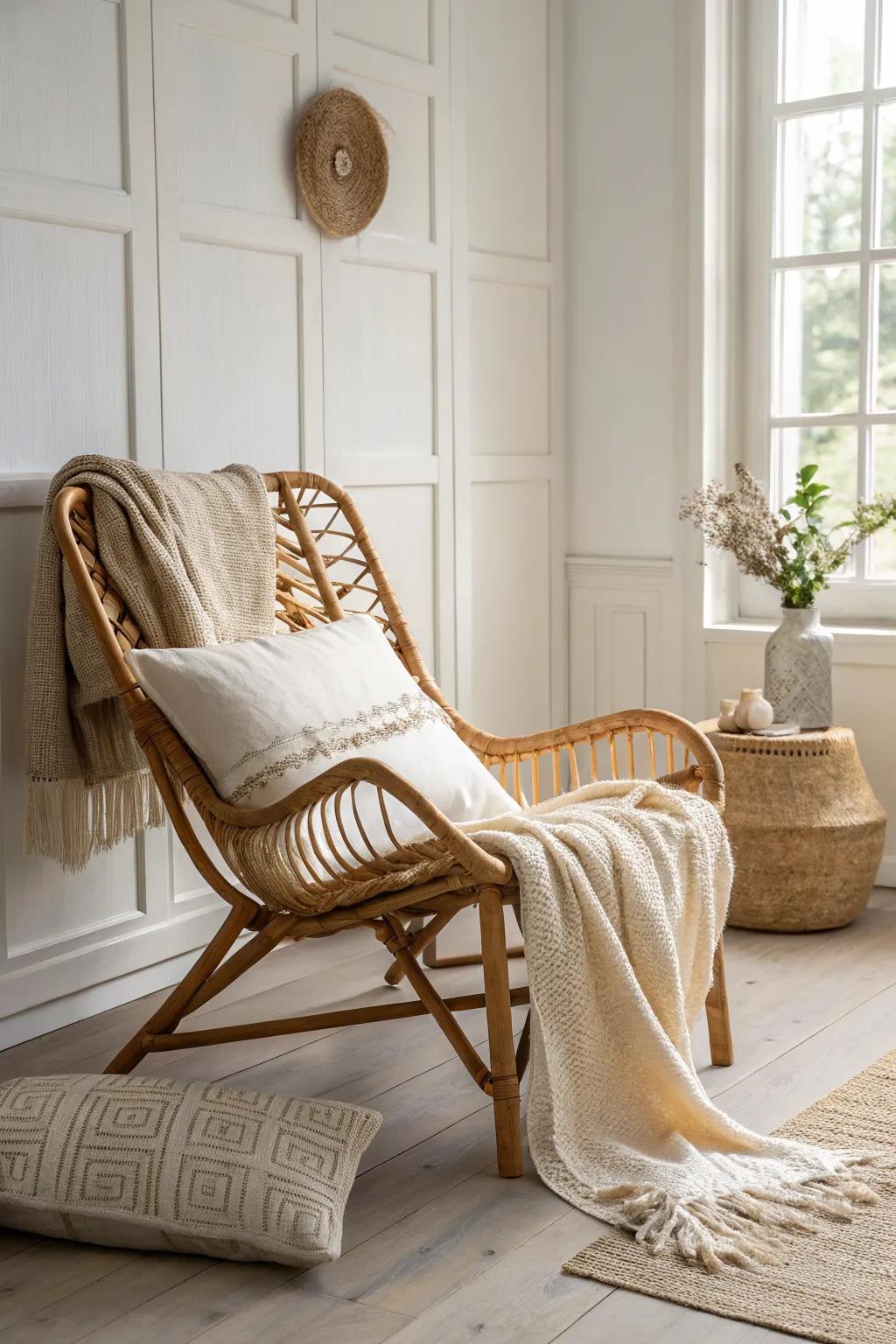 Layer linen pillows and a creamy throw to let rattan texture shine in calm neutrals.