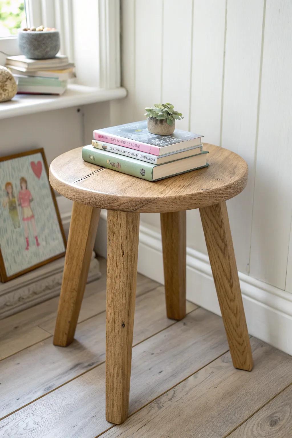 Upcycled mini wood side table for currently reading stacks—Scandi calm with a hint of boho.