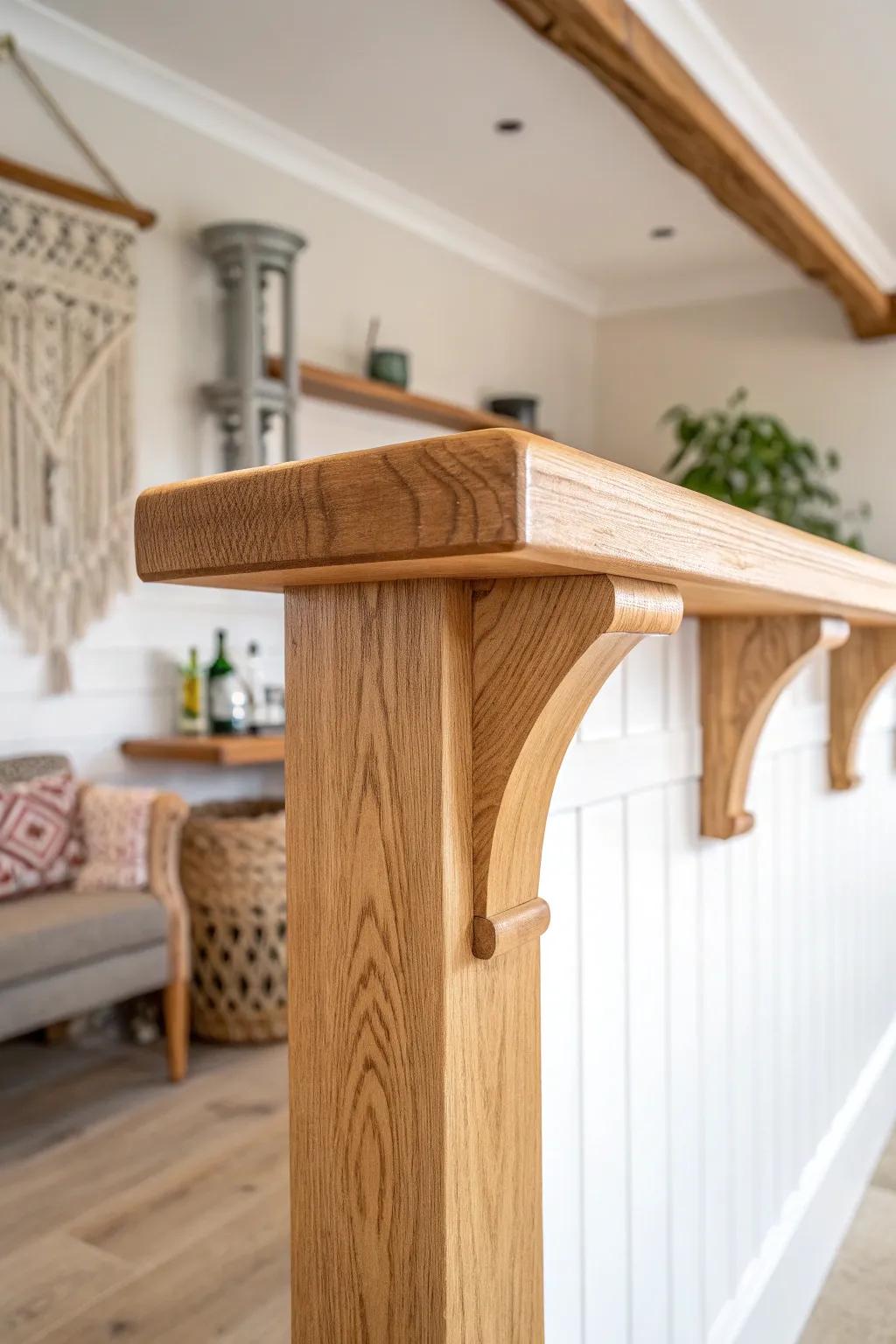 Chunky corbels + a thick rounded bar rail—farmhouse warmth with a perfect lean-in feel.