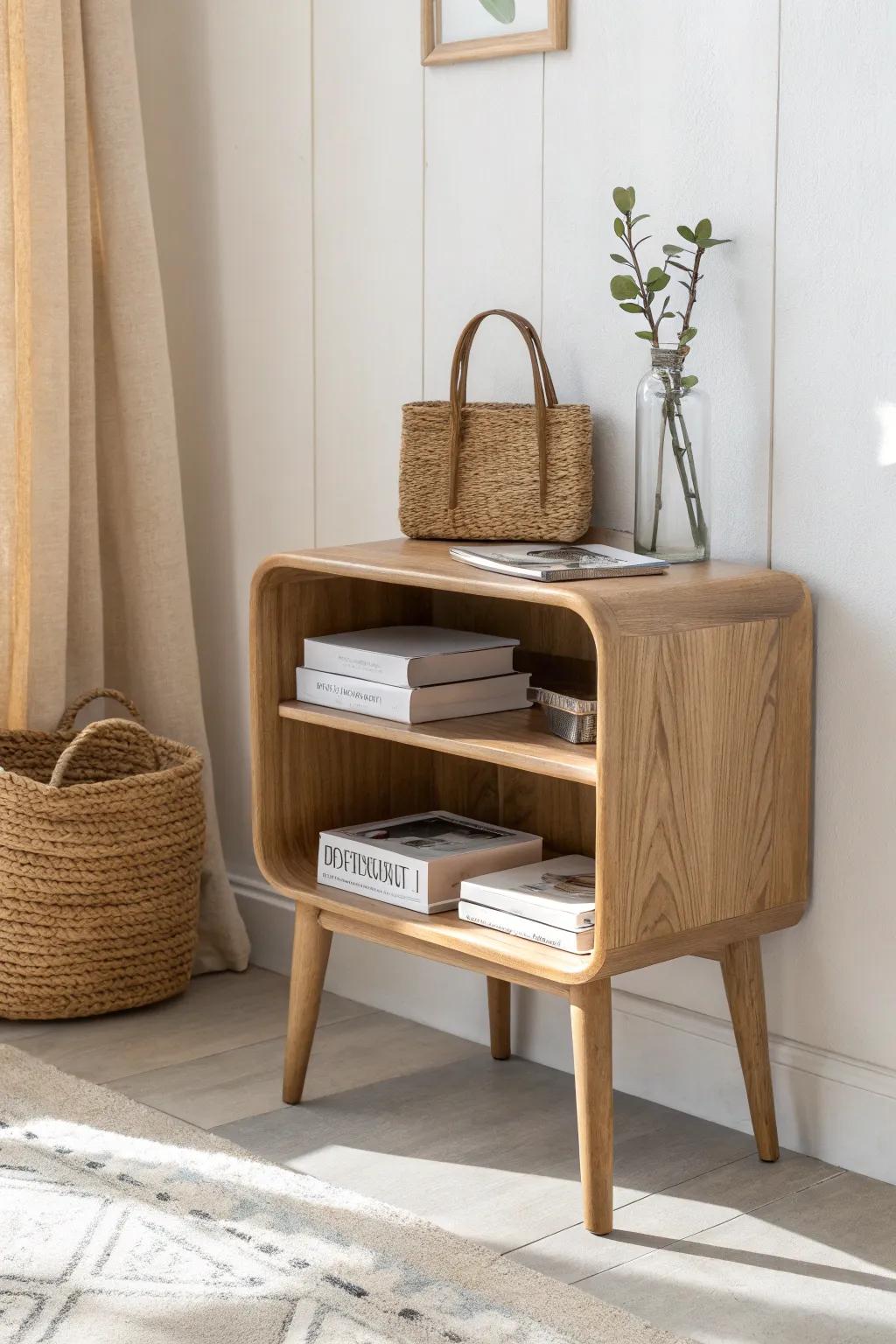 Slim oak side table with cubby storage—perfect for handbags, bottles, and brochures in waiting areas.